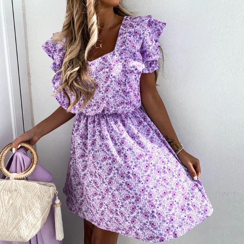

Dresses 2023 New Women's V-neck Casual Purple Flower Flying Sleeve Dress Summer Dress Vestidos De Mujer