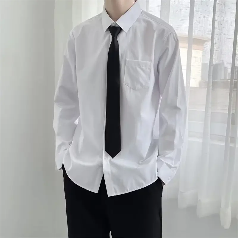 thumbnail image 1 of Camisa de manga larga blanca de moda para hombre, camisa holgada de color sólido, corbata, atuendo para pareja, estilo japonés, 1 of 5