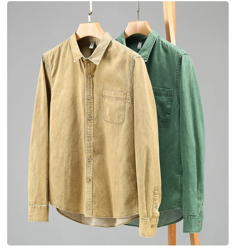 Japanese Fashion Denim Shirt Men Spring Autumn Washed Heavy Jean Tops Casual Pure Cotton Shirts