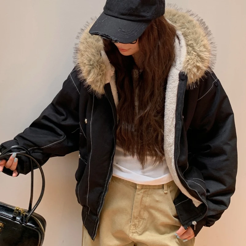 Fur Collar Hooded Parkas Y2k Harajuku Thicken Padded Jackets Casual Zipper Gothic Women&Men Winter Coats Streetwear кур