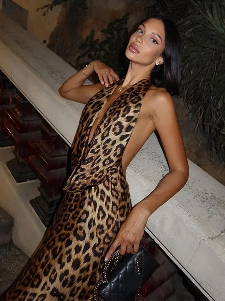 Women Elegant Leopard Print Lace-up Halter Dress Sexy Backless Deep V-neck Slim Long Dresses 2024 New Lady High Street Partywear 6