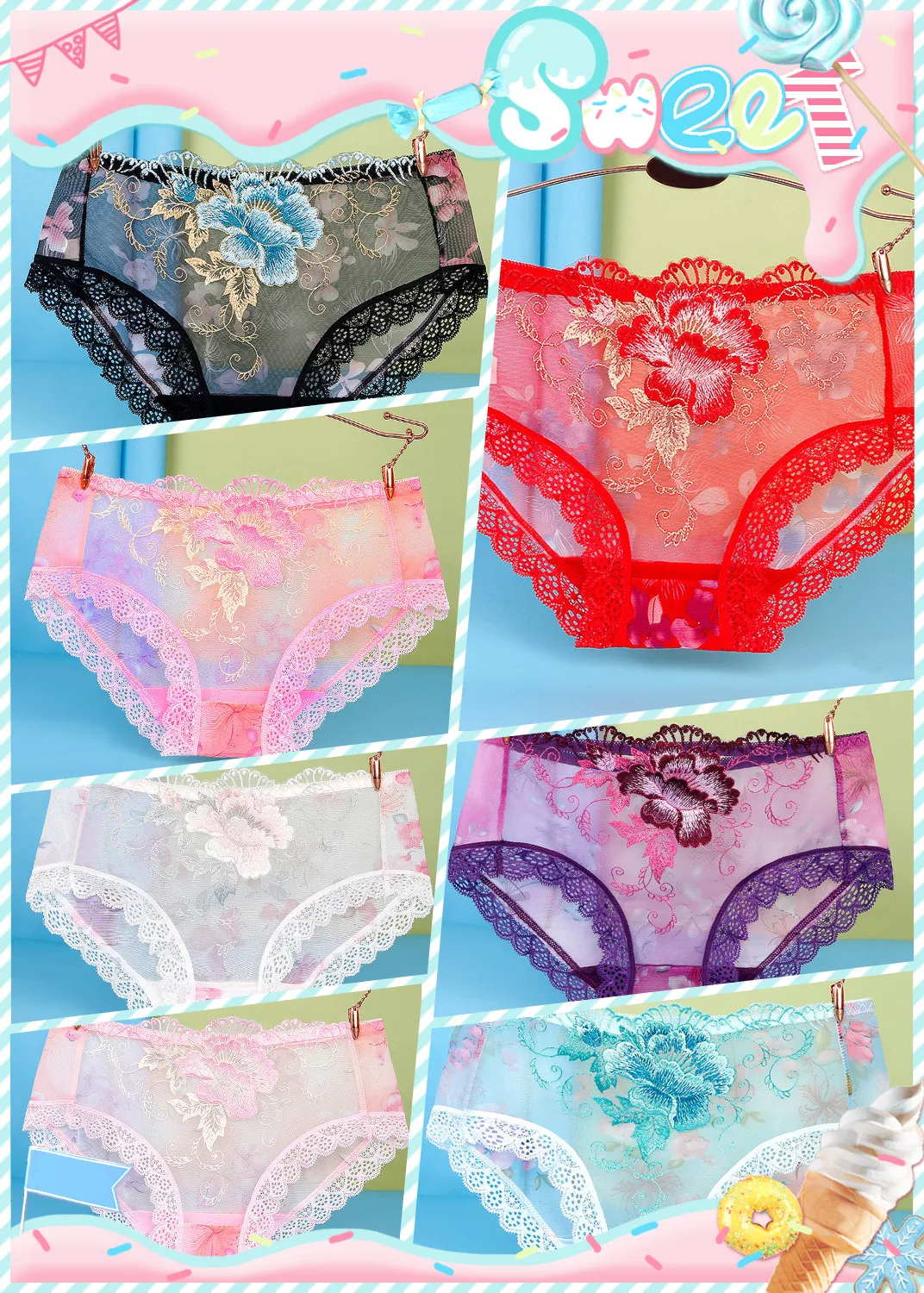 

New Plus Size Panties Women Sexy Lace Seamless Underwear Flowers Embroidery Skin-Friendly Transparent Briefs Lingerie Female