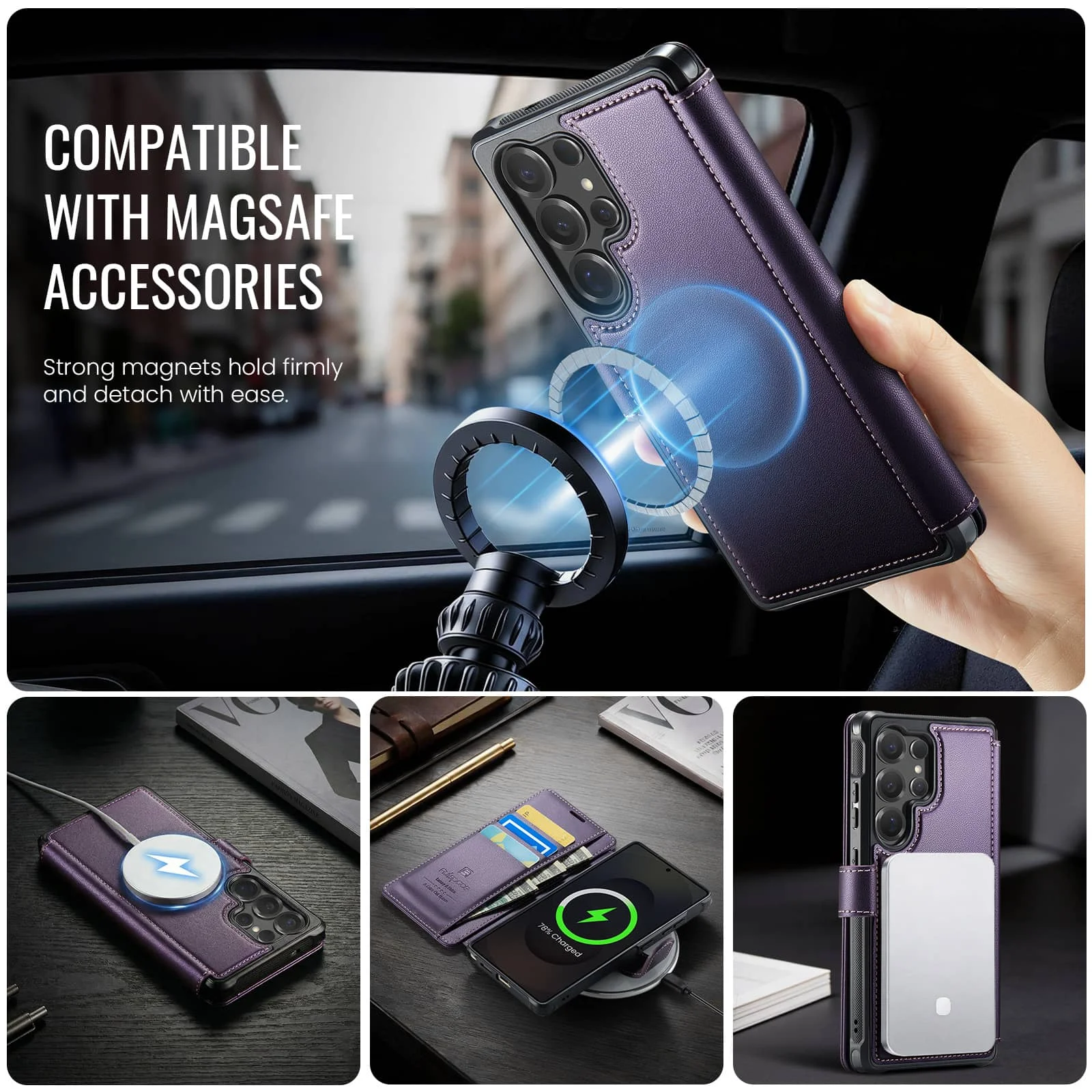 Magnetic PU Leather Wallet Case with RFID Card Holder and Stand – Slim Shockproof Flip Cover