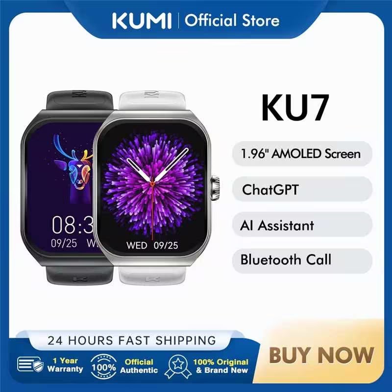  KUMI KU7 Smartwatches 1.96" Amoled Screen 100+Sport Modes NFC IP68 Waterproof  Bluetooth Call Health Sleep Monitoring SOS 