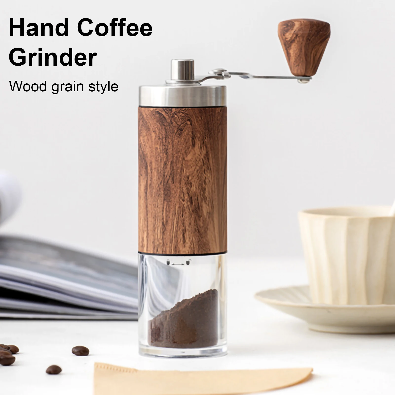 

1Pc Wood Grain Coffee Bean Grinder Portable Stainless Steel Marble Crank Hand Hand Coffee Grinder Kitchen Tool Seasoning Grinder