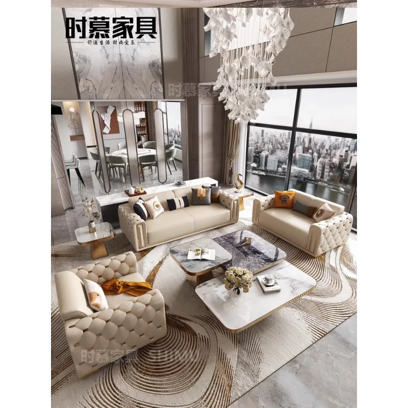 

Modern light luxury leather sofa living room, Italian large designer,American high-end villa, straight new combination furniture