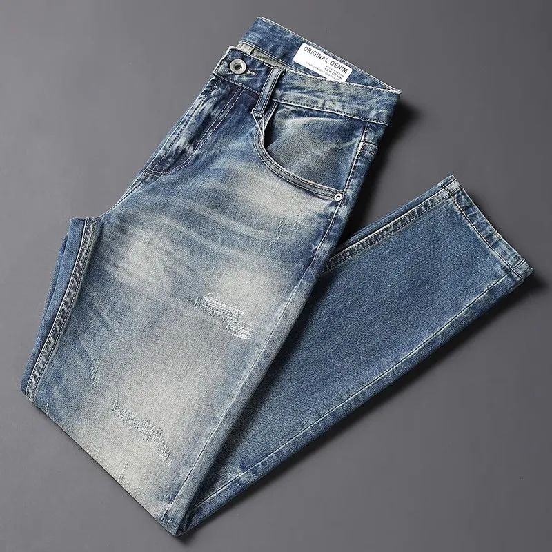Fashion Vintage Men Jeans High Quality Trousers Retro Blue Elastic Ripped Jeans Men Patched Designer Casual Denim Pants Hombre