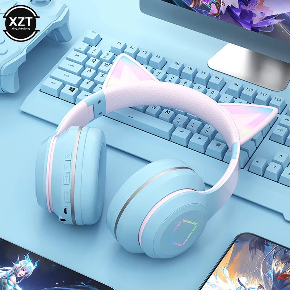 Bluetooth 5.1 Wireless Headset with Mic RGB LED Light for Kids PC Gamer