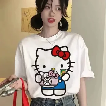 Kawaii Hello Kitty Y2K Korea Cotton Tops Anime Cute Summer Loose Women's Couple Fashion Loose Comfortable Cotton T-Shirt Tops 1