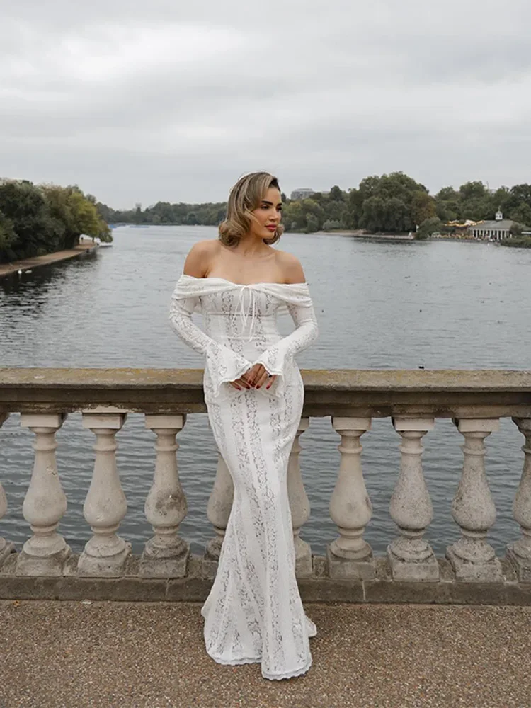 Hollow Out Lace Backless Slim Long Dress Women Strapless Lace Up Off Shoulder Dresses Chic 2025 New Sexy Female Party Club Robes 6