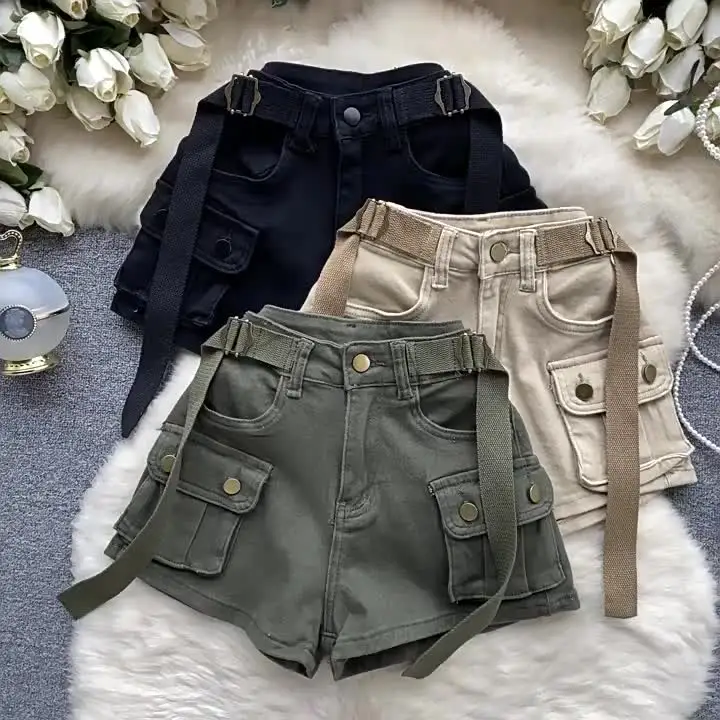 ★EXPIRED GIRL★STUD SHORTS FOG★正規品/韓国送料込 Chic Cargo Shorts Women Pockets Solid Color High Waist