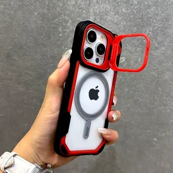 Luxury Shockproof Armor Transparent Case with Magsafe Wireless Charging Compatibility - iPhone 15 Plus (Black Red)