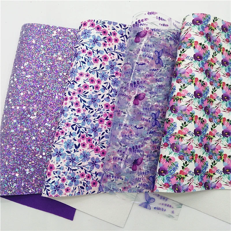 Blue Chunky Glitter Leather Hearts Flowers Printed Synthetic Leather JELLY Sheets Vinyl Sheets For Bows DIY 21x29CM Q677