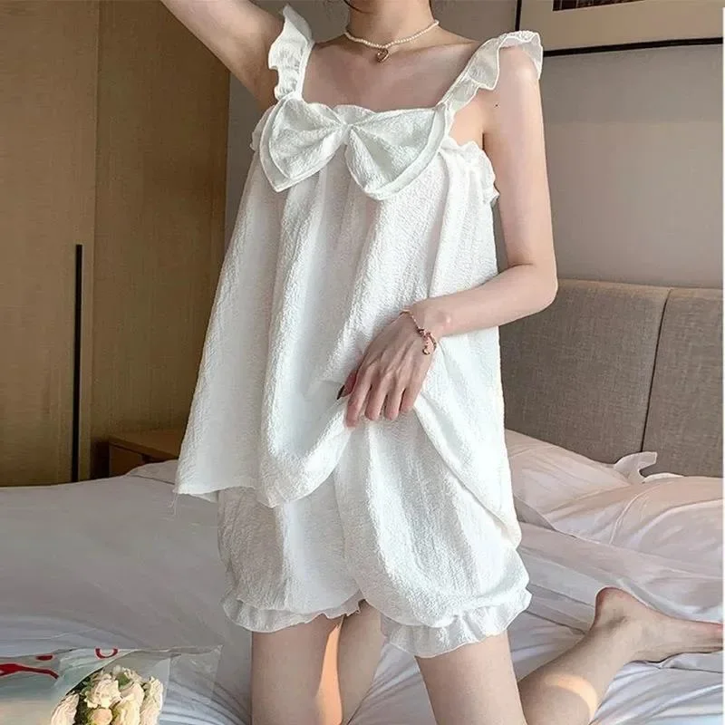 

Pajama Sets Women Sleeveless Bow Summer Cool Sweet Sleepwear Princess Soft Comfortable Loungewear Tender Girlish Cozy Homewear