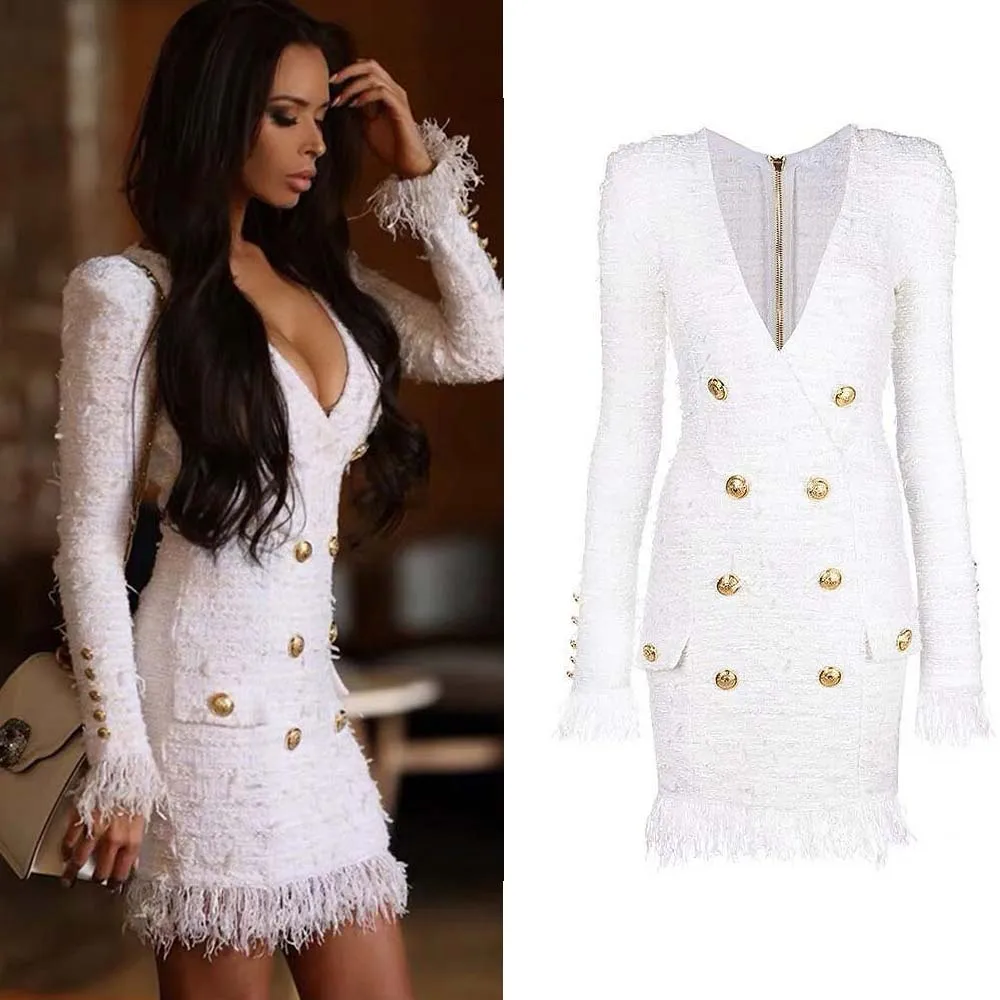 

Autumn And Winter 2022 New European And American Lion Button Double Breasted V-neck Flow Beard Bright Silk Wool Women's Dress