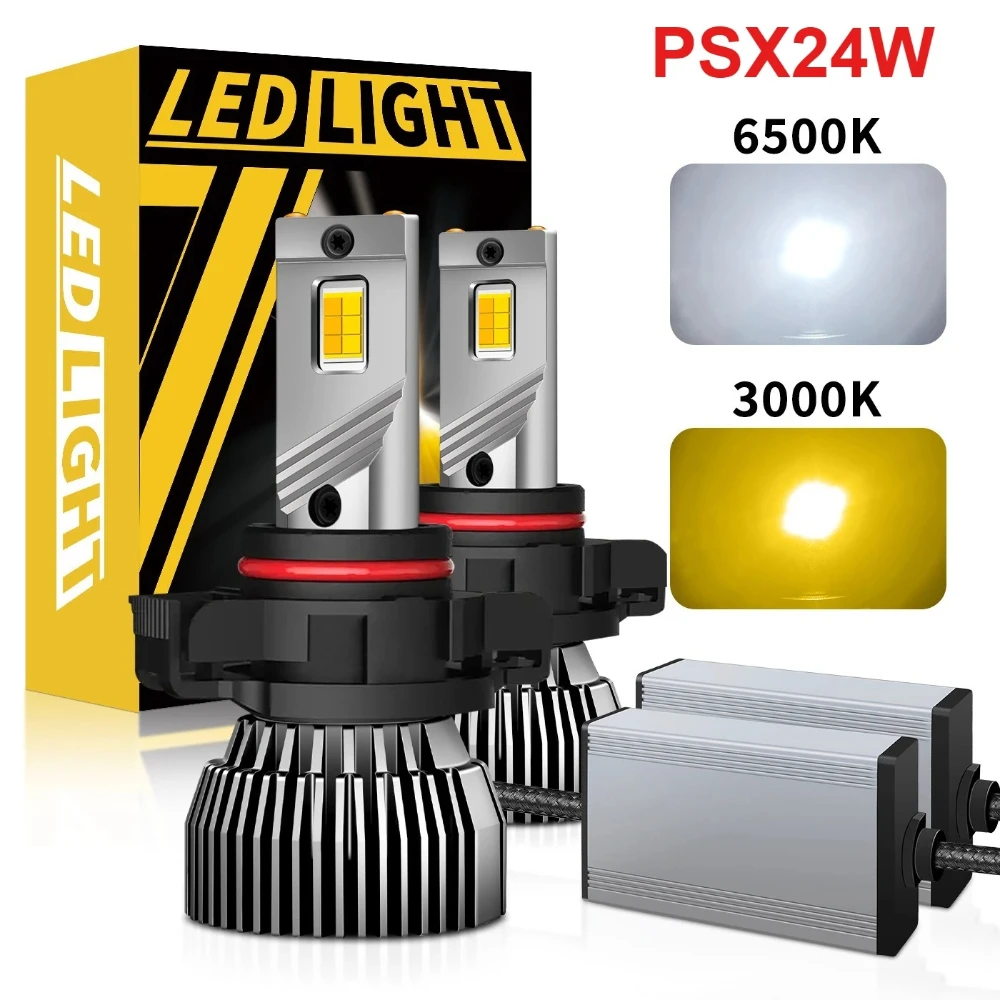 2개입 PSX24W LED 120W 50000LM 캔버스 차량용 전구 6500K 및 3000K LED 전구 이중 색상 자동차 안개등 12V 화이트 팬 포함