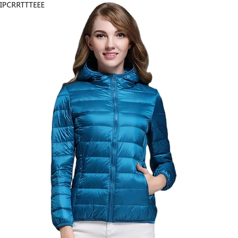 

Autumn Winter Women Ultra Light Down Jackets Slim Solid Long Sleeve Hooded Women 90% White Duck Down Jackets