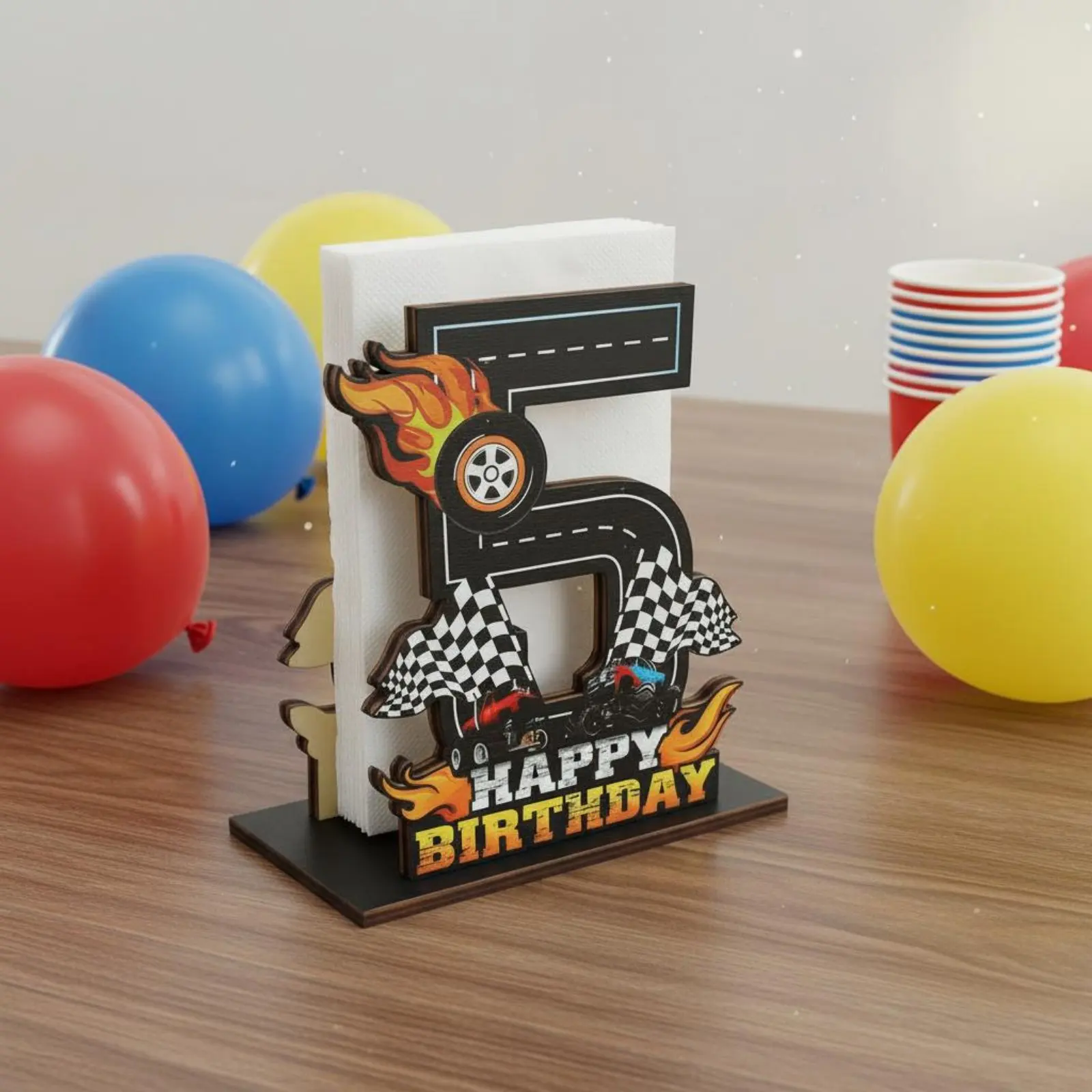 스피드 카 생일 냅킨 홀더 창의적인 디자인 나무 레이싱 테마 냅킨 스탠드 어린이를위한 생일 번호 테이블 장식