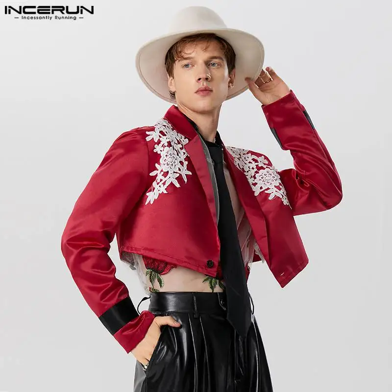 

INCERUN Tops 2023 American Style New Men Fashion Splicing Lace Decorative Flower Blazer Casual Cropped Long Sleeved Suit Jackets