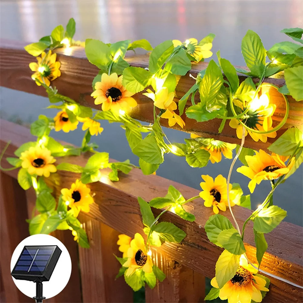 

20/40/50 Leds Solar Vine String Light Fake Sunflower Green Leaf Rattan Outdoor Hanging Fairy Decoration for Wedding,Party,Patio