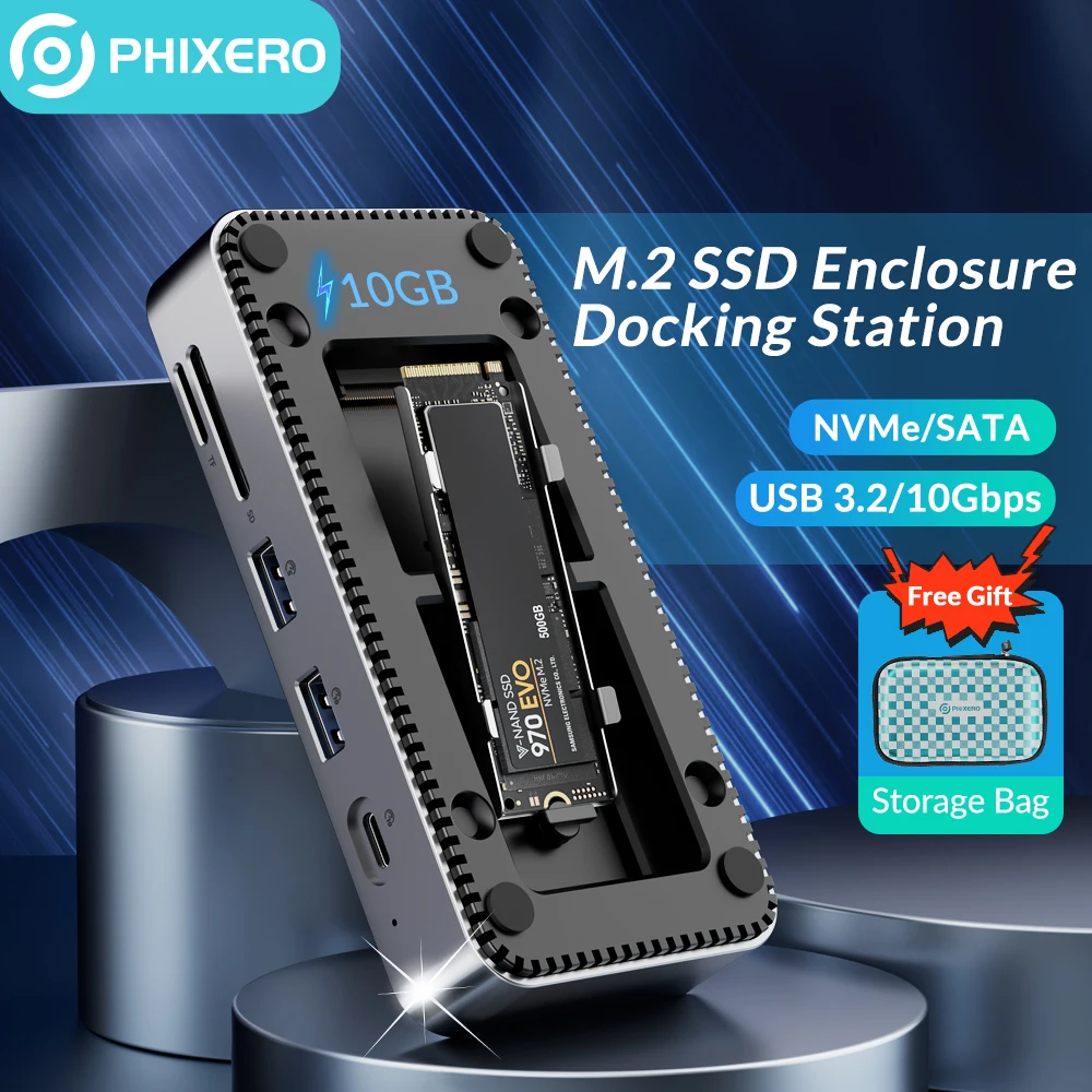 Phixero m 2 type c ssd enclosure sata nvme usb 3 2 hub dual portocol