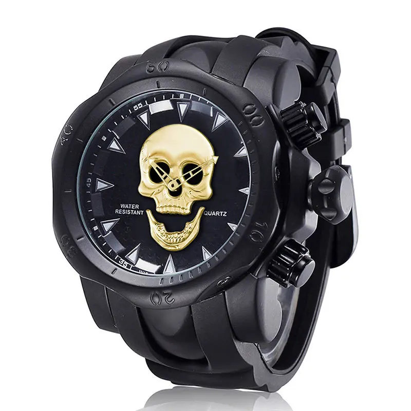 

2023 Brand Luxury Men's Watch Skull Big Dial Quartz Watch Fashion Waterproof Hand Clock Creative Black Rubber Gift Wristwatch