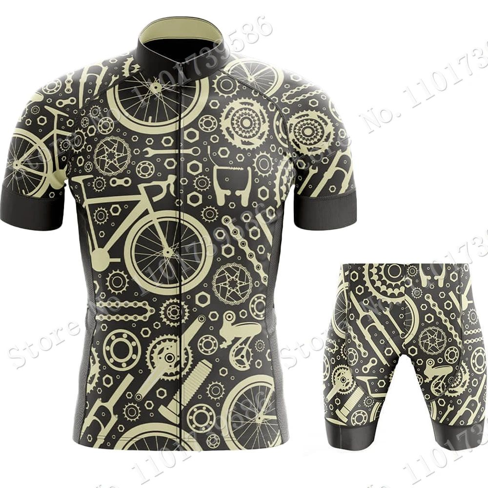 Bicycle Gears Mens Cycling Jersey Set Short Sleeve Ride Retro Clothing Men Road Bike Shirts Suit Bicycle Bib Pants Maillot