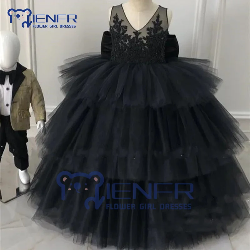 

Black Flower Girl Dress Lace V-neck Floor-Length Sleeveless Kids Baby Wedding Bridesmaid Birthday Party First Communion Dress