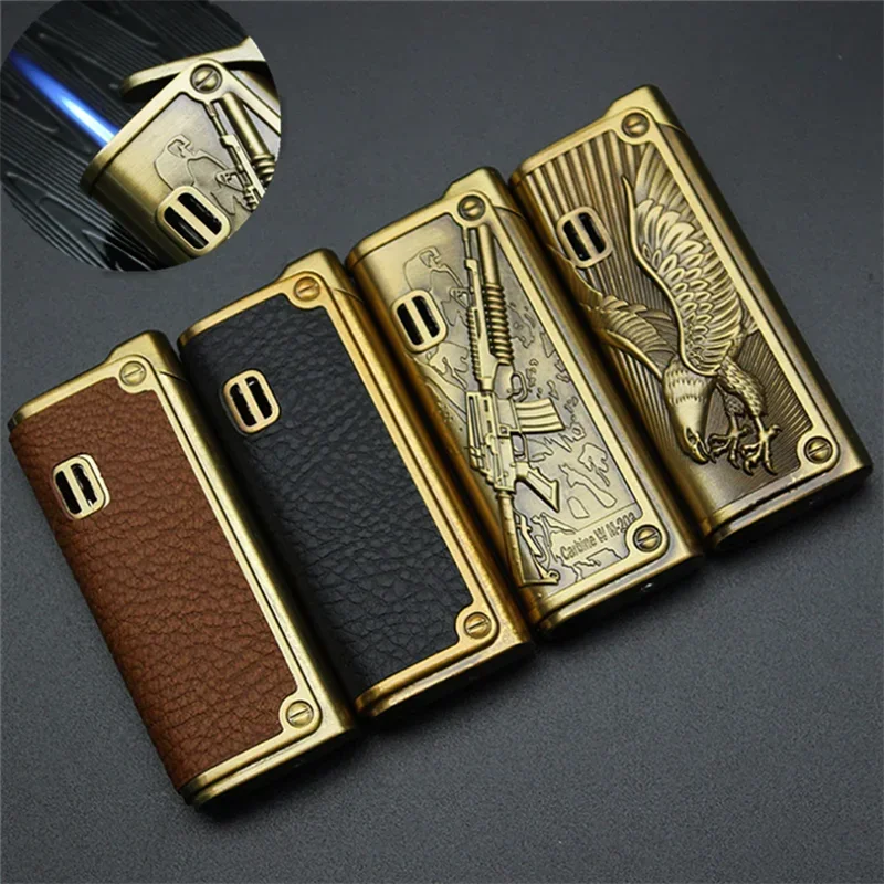 Genuine Leather Cigar Punch Lighters butane gas lighter cigarette lighter Refillable Windproof Gentlemen Jet Flame Cigarette Torch Embossed Windproof Lighter