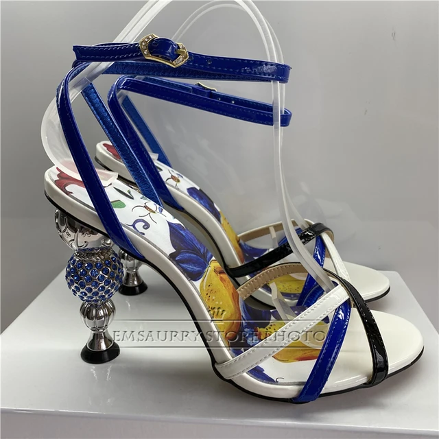 Jeweled Crystal Metal Strange Heel Sandals Women Sexy Cross Narrow Band Printed Flower Color 2022 Summer Banquet Shoes Woman 5