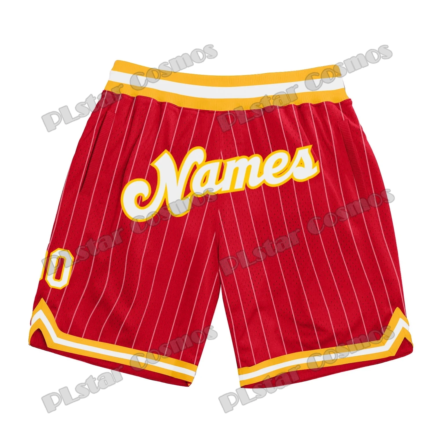 

Custom Name Red White Pinstripe White-Gold 3D Printed Men's Basketball Shorts Youth Summer breathable Mesh Sports Shorts LQD10