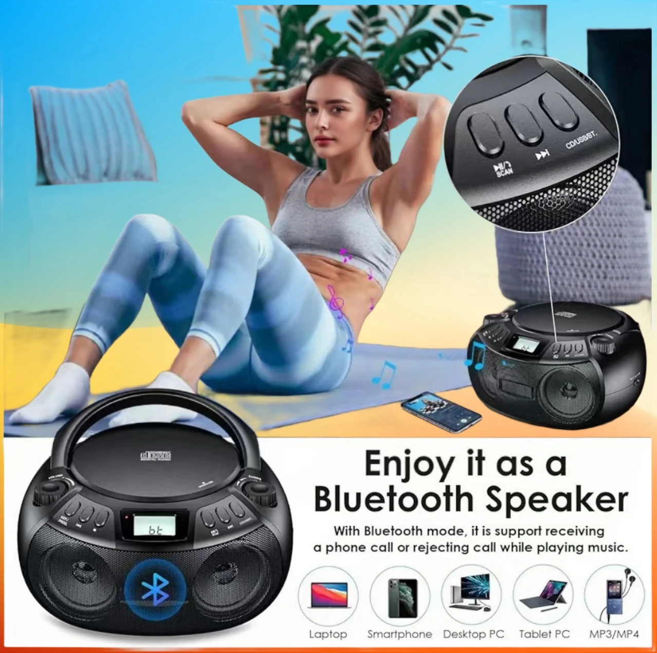 CD Player Portable Boombox with Bluetooth AM/FM Radio USB Port Stereo Sound Speaker MP3 Playback 3.5mm AUX In