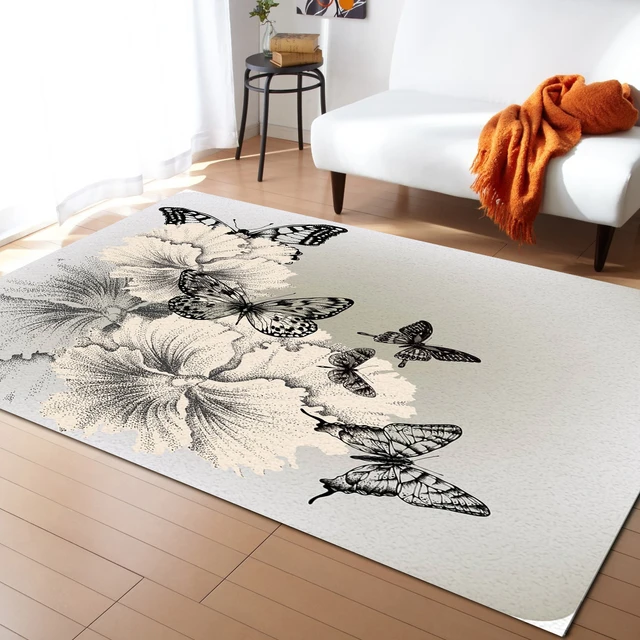Black And White Butterfly Flower Art Carpet for Living Room Floor ...