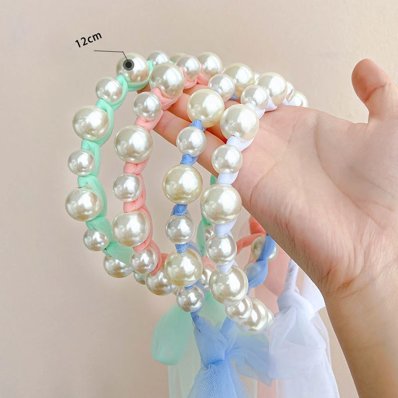 Children Pearl Ribbon Hair Hoop Cute Girl Mesh Headband Sweet Bow Decoration Hair Accessory Party Performance Gifts