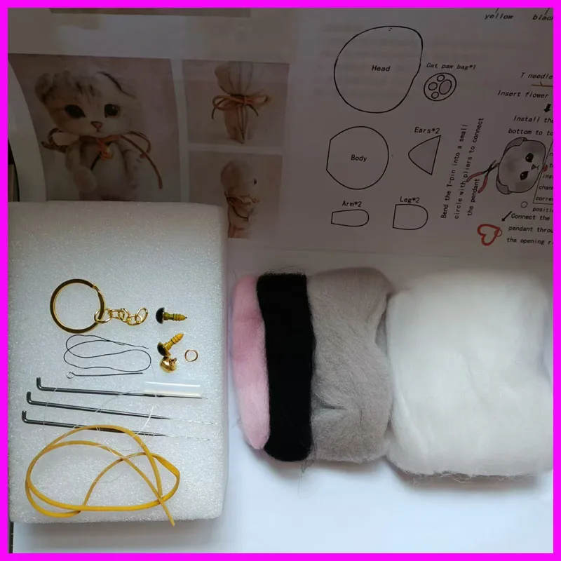 Cat doll needle felted wool,merino wool to felting, wool fiber for felting,felt for needle felting, fiber felt felting set