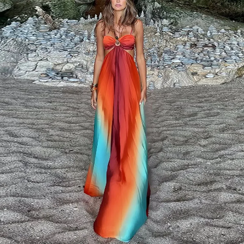 Vestido largo elegante con degradado para mujer, de satén, sin espalda, con corte en A, para playa, sexy, plisado, para vacaciones, verano 2025