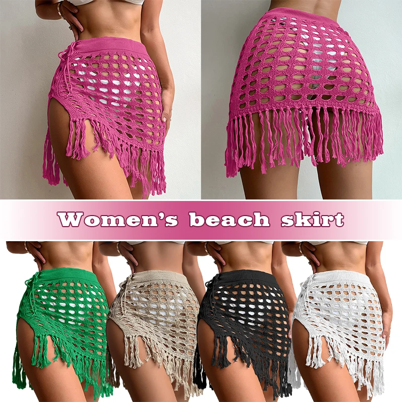 Women’s Sexy Sheer Hollow Out Beach Knit Mini Skirt High Waist Split Tassels Beachwear Summer Crochet Cover Up Candy Color Skirt