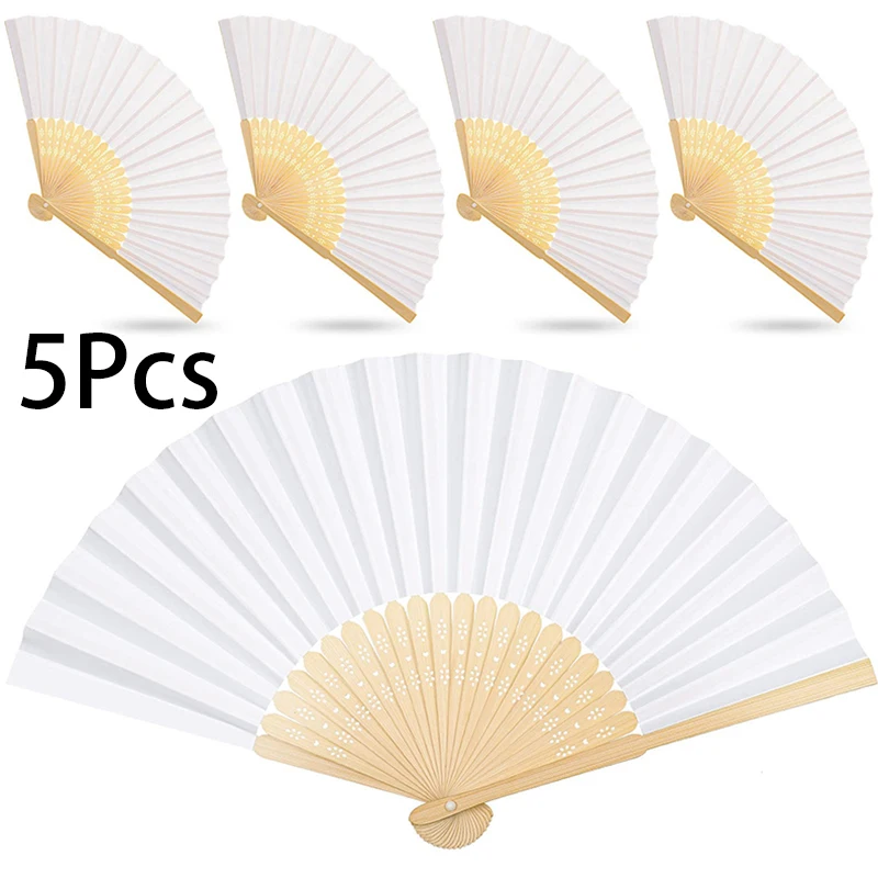 

5Pcs White Folding Hand Fan Chinese Handheld Fan DIY Blank Paper Fan Elegant Vintage Retro Style for Women Dance Party Home