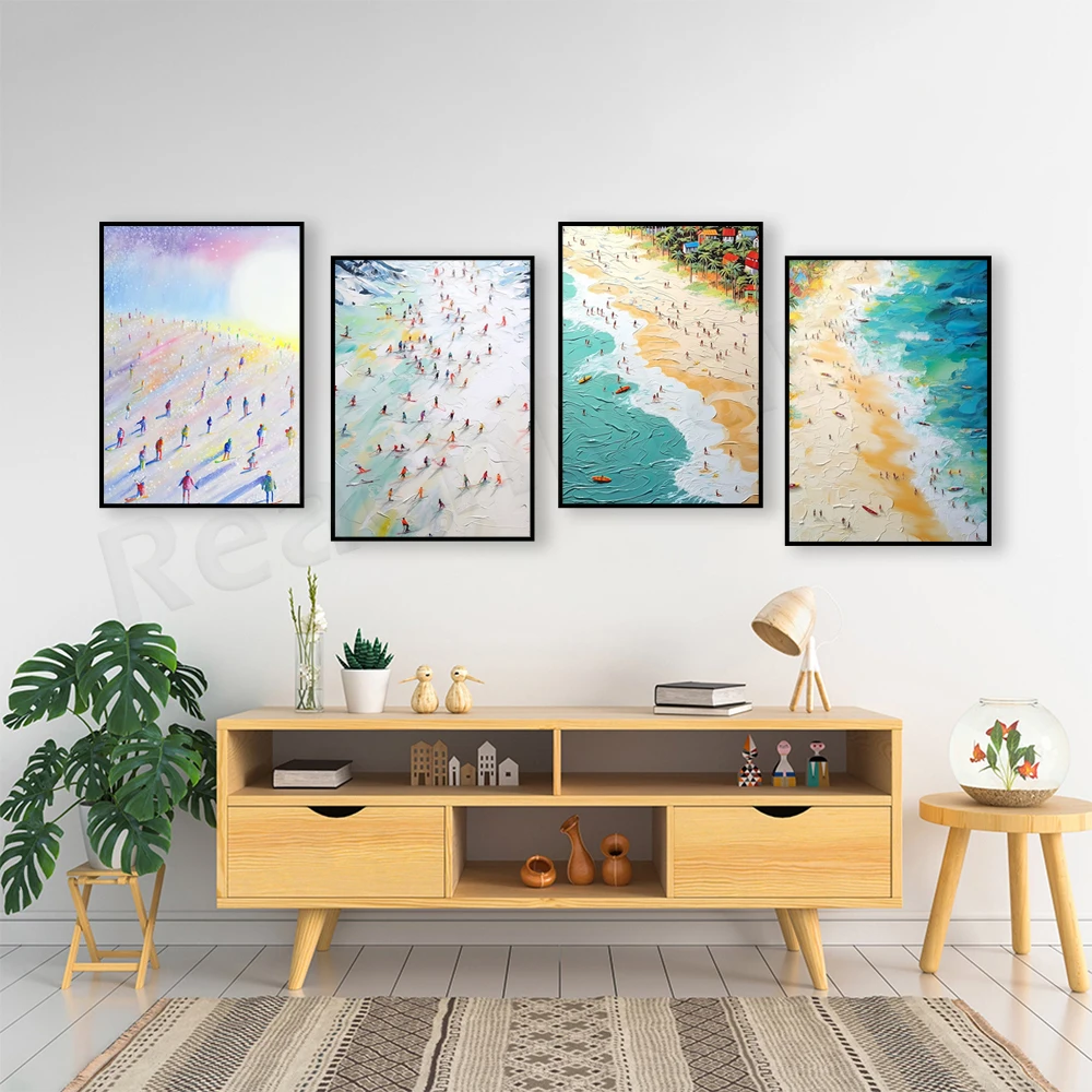 

Abstract beach, people on the beach, mexico, miami florida coast art, surfer gift, ski poster, snow mountain ski vacation poster