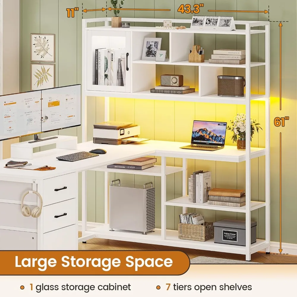 L Shaped Computer Desk, 58'' Office Desk with 3 Drawers and Bookshelf, L Shaped Corner Desk with Storage Shelves and LED Light 2