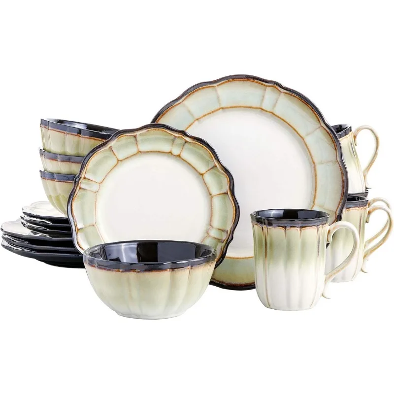 

Round Embossed Reactive Glaze Stoneware Dinnerware Set, Service for Four (16pcs) Dishes and Plates Sets