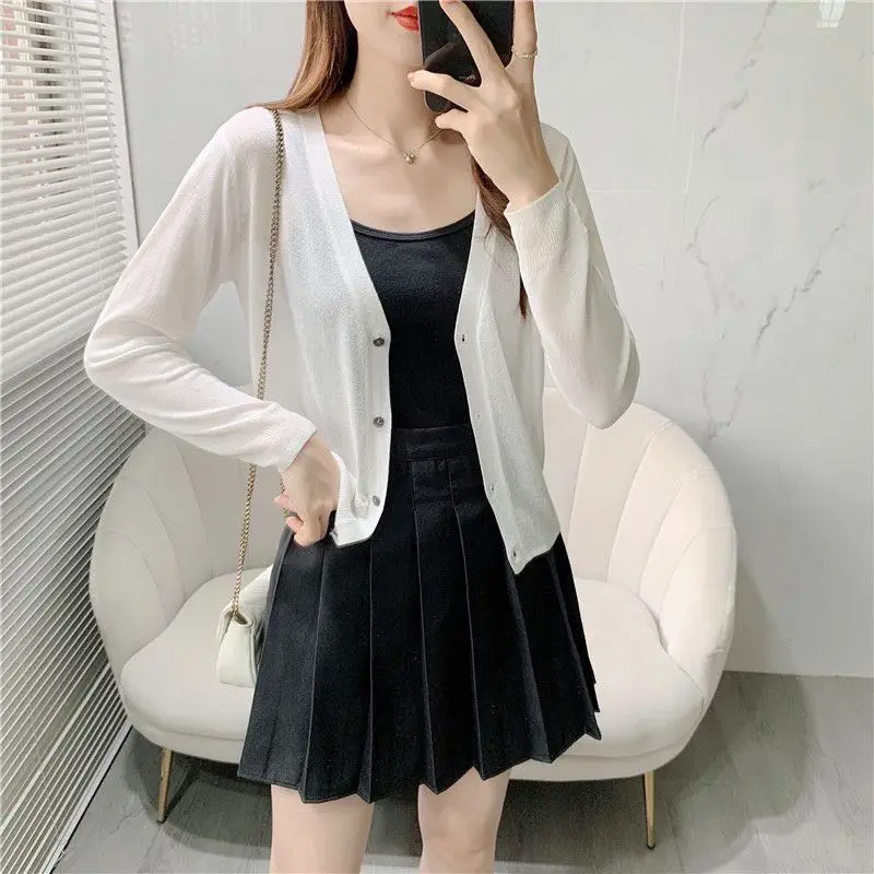 Spring/Summer Ice Linen Knitted Split Sleeve Cardigan Women's Versatile Office Air Conditioning Shirt Fashion Sunscreen Top