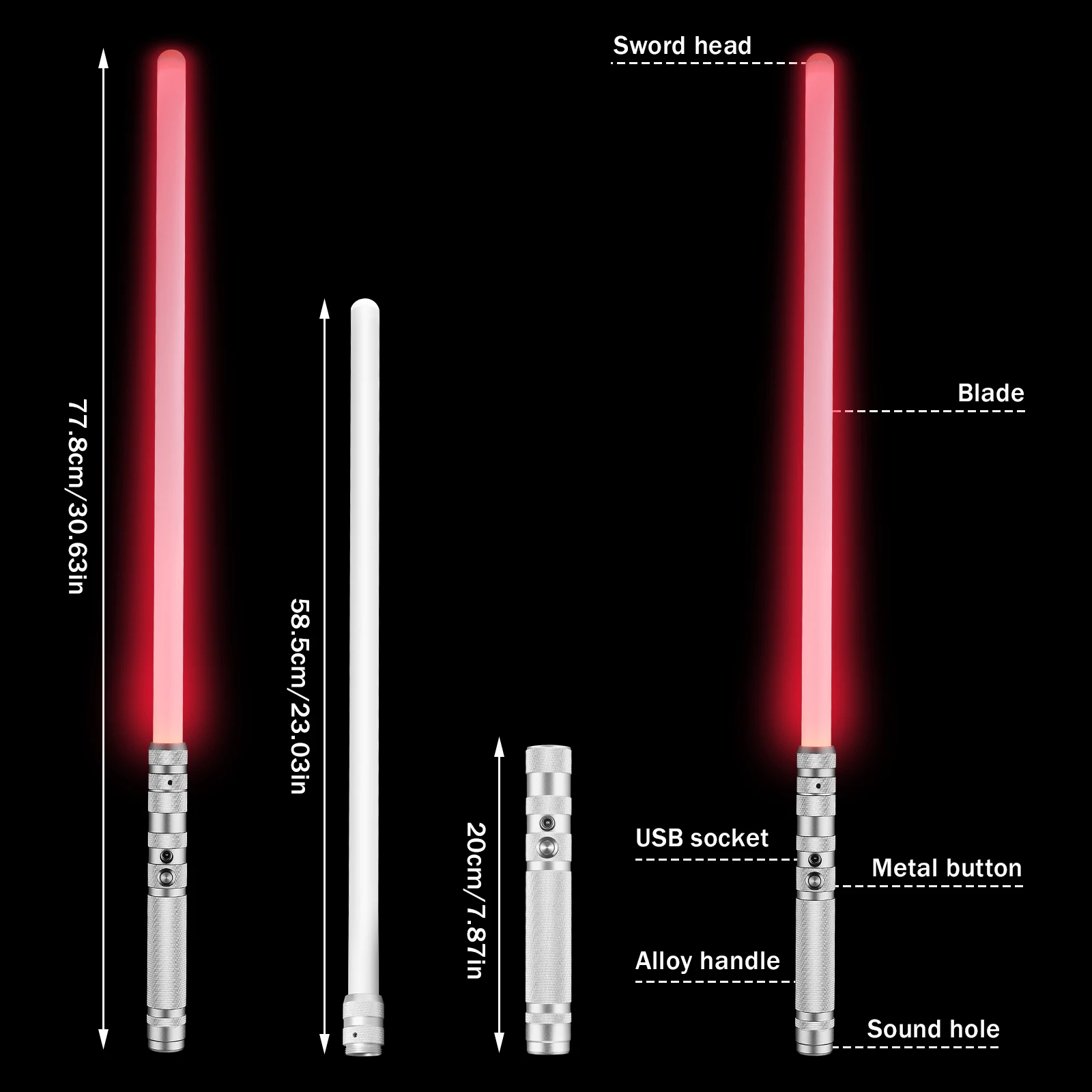 Rgb sabre de luz metal punho recarregável 7 cor variável com bater efeito de som fx duelo lightsaber metel lidar com led brinquedo