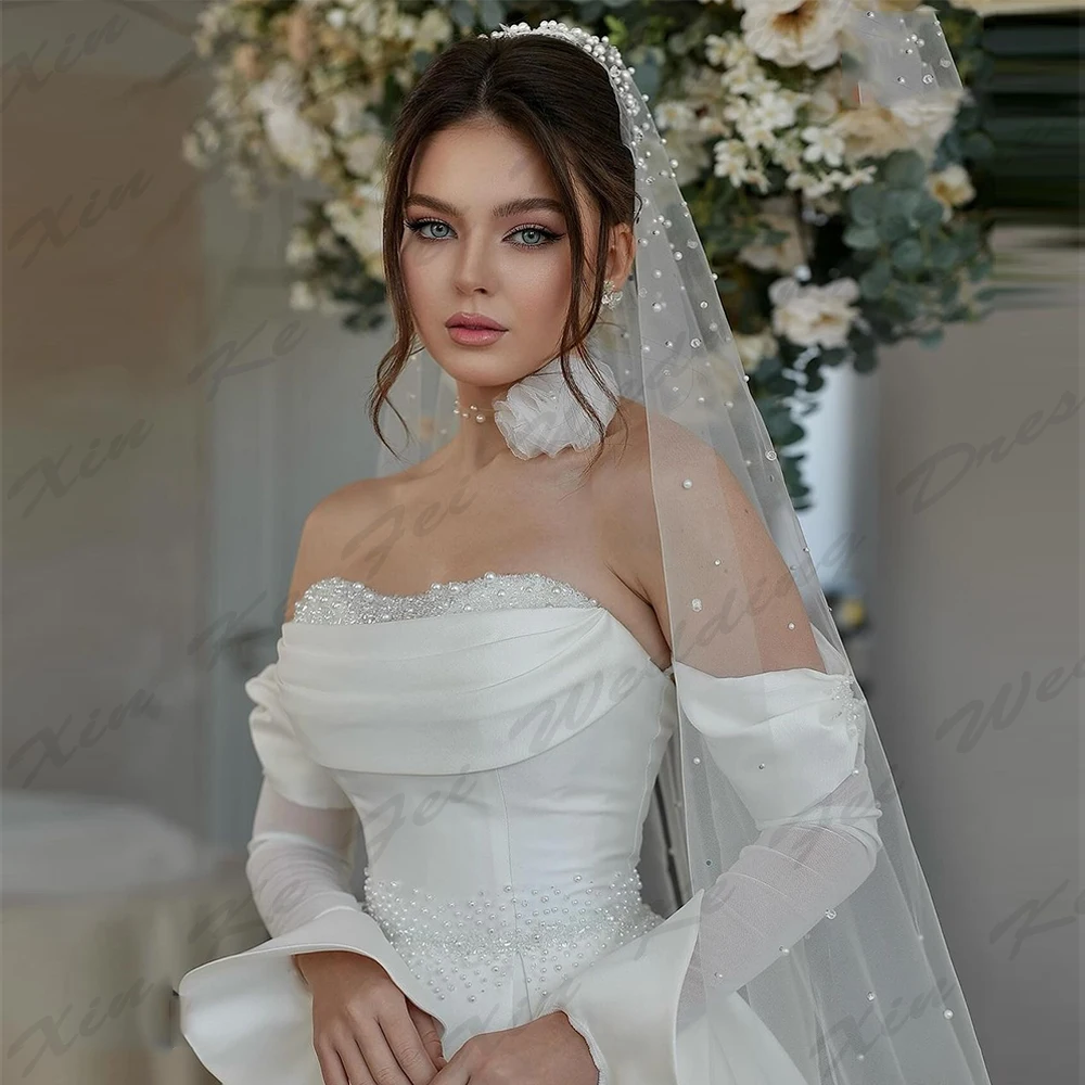 

Elegant A-Line Pretty Wedding Dresses For Woman Sexy Mermaid Off Shoulder Long Sleeves Fluffy Princess Style Mopping Bride Gowns