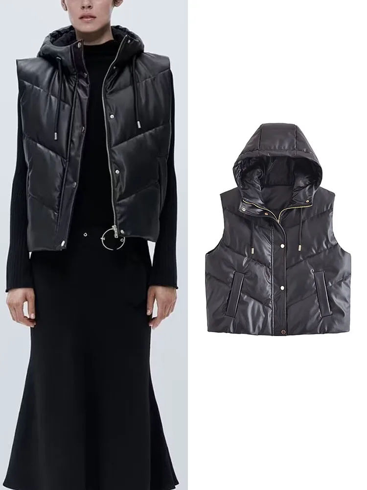 

TRAF Winter Clothes Women Fashion Faux Leather Short Vest Hooded Coat Vintage PU Female Windbreak Waistcoat Chic Warm Tops
