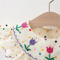 New Cute Girl'S Dress Sweet Rose Embroidered Small Round Dots Korean Version Loose Bubble Sleeve Cotton Beach Skirt 3