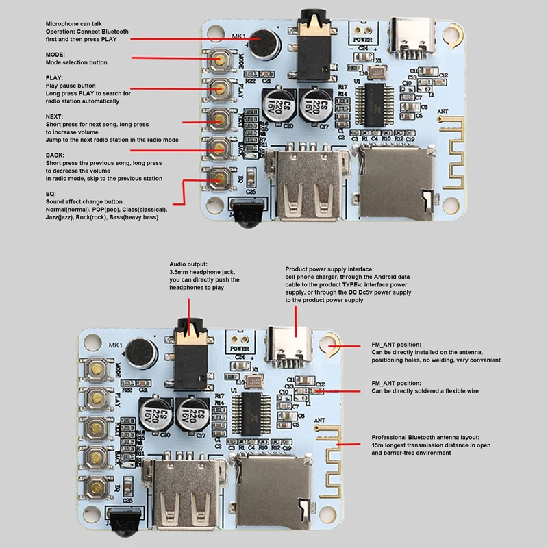 N15R-BT5.0 Audio Receiver Decoding Module+3.5Mm Audio Cable+Antenna+Remote Control Wireless Car Amplifier Radio DIY