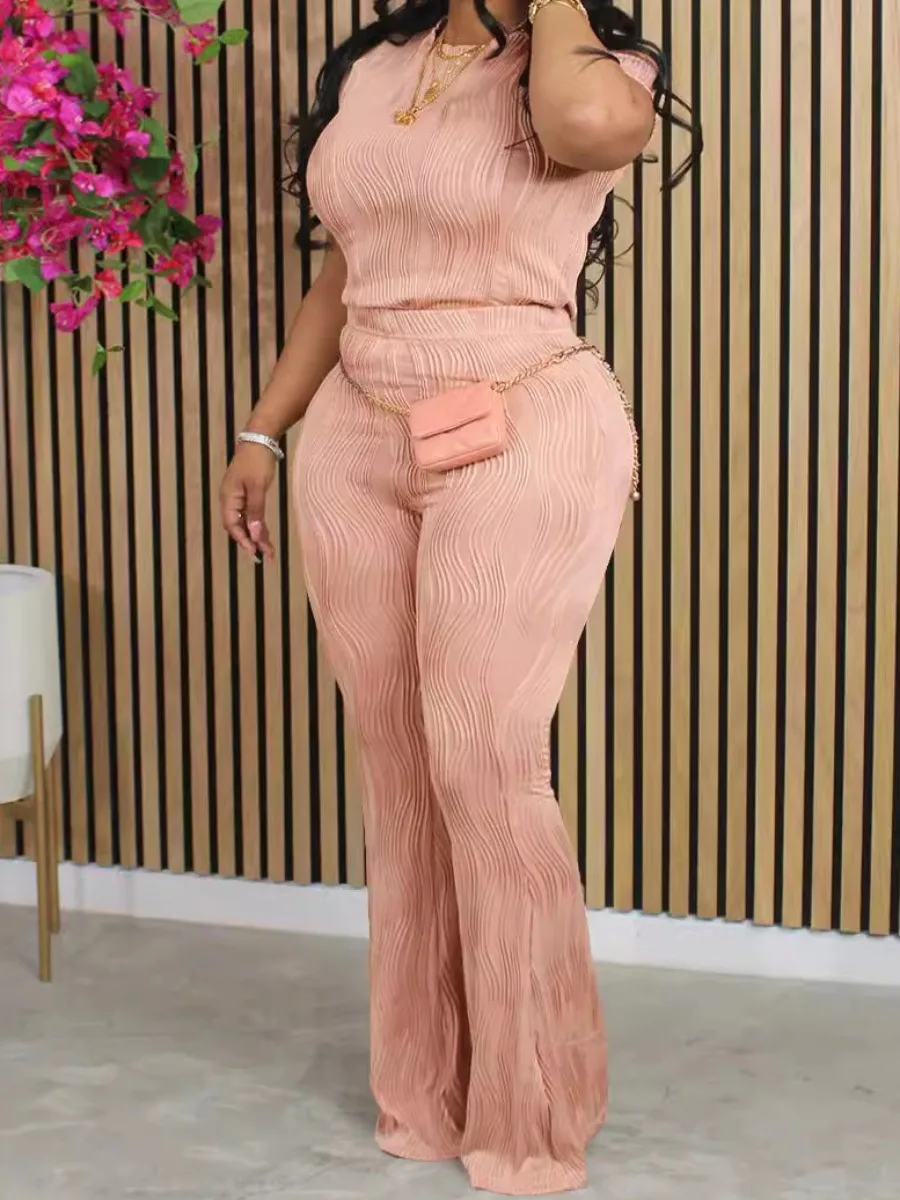 LW Plus Size Two pieces sets Round Neck Flared Pants Set casual short sets Top + pants sets Elegant women's clothing Fashion 2pc