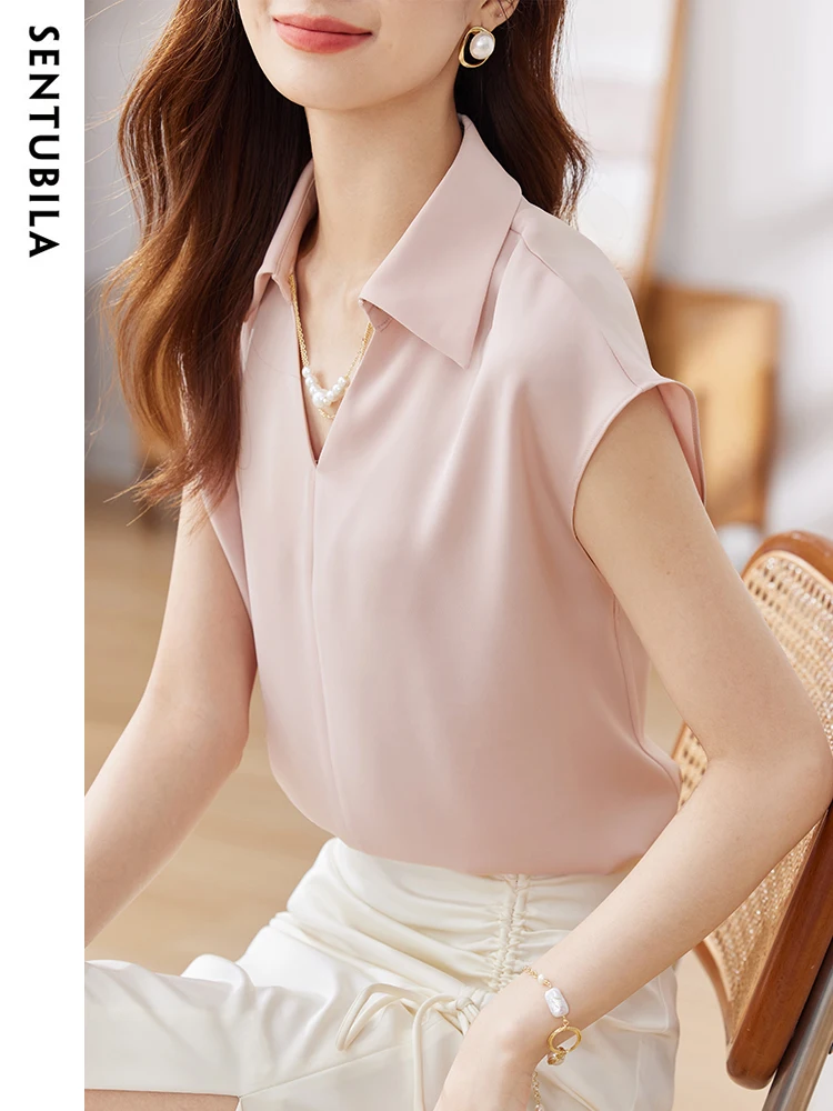 SENTUBILA Office Lady Chiffon Blouse 2023 Summer Turn-Down Collar Solid Sleeveless Shirt Top Woman Shirts & Blouses 132V49689
