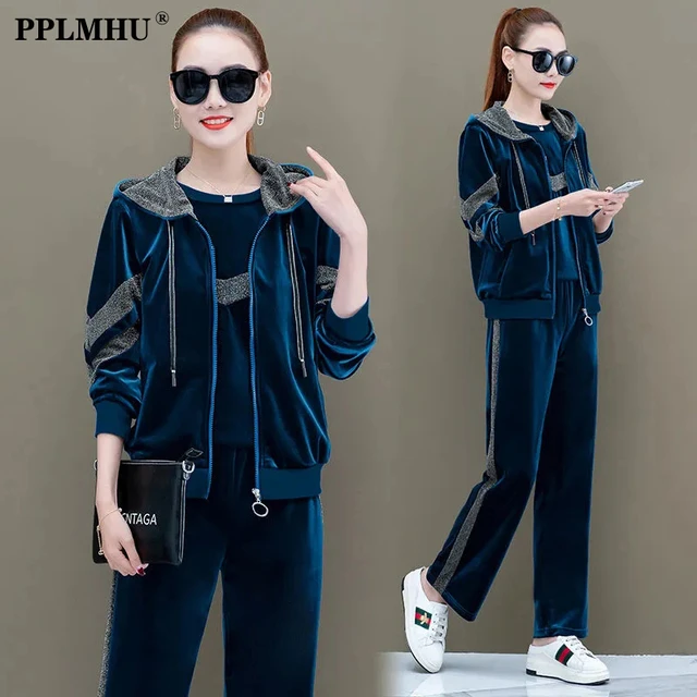 Korean Print Velvet Tracksuit 2 Piece Set Women Outfit Casual